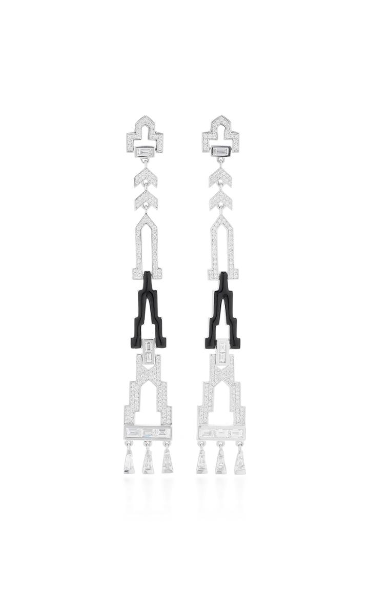 Nikos Koulis Yesterday Earrings With White Tapered Baguette Diamonds Pav White Diamonds And Black Enamel