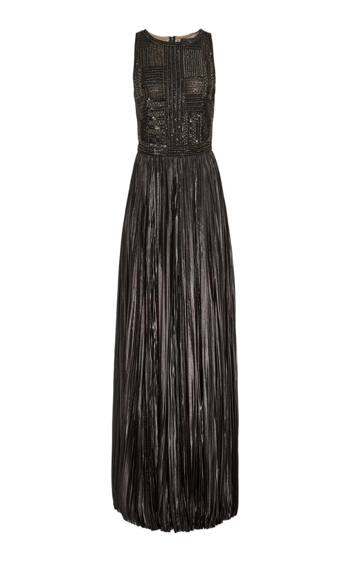 J. Mendel Embroidered Halter Neck Gown With Hand Pleated Lurex Skirt