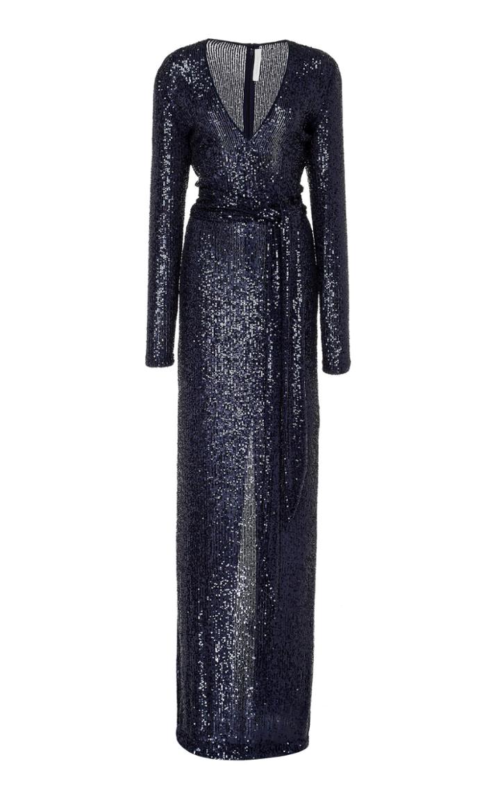 Naeem Khan Sequin Embellished V-neck Gown With Belt