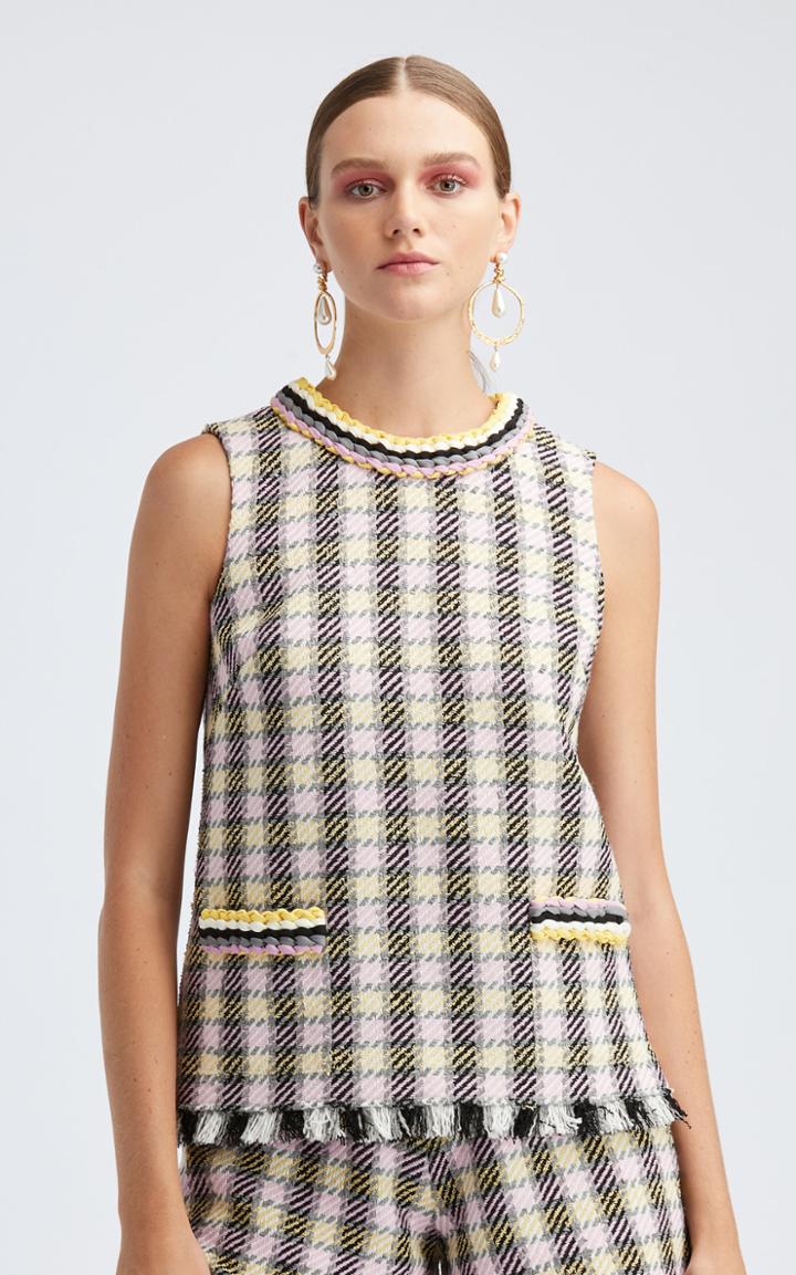 Moda Operandi Oscar De La Renta Crewneck Sleeveless Tweed Braided Trim Top