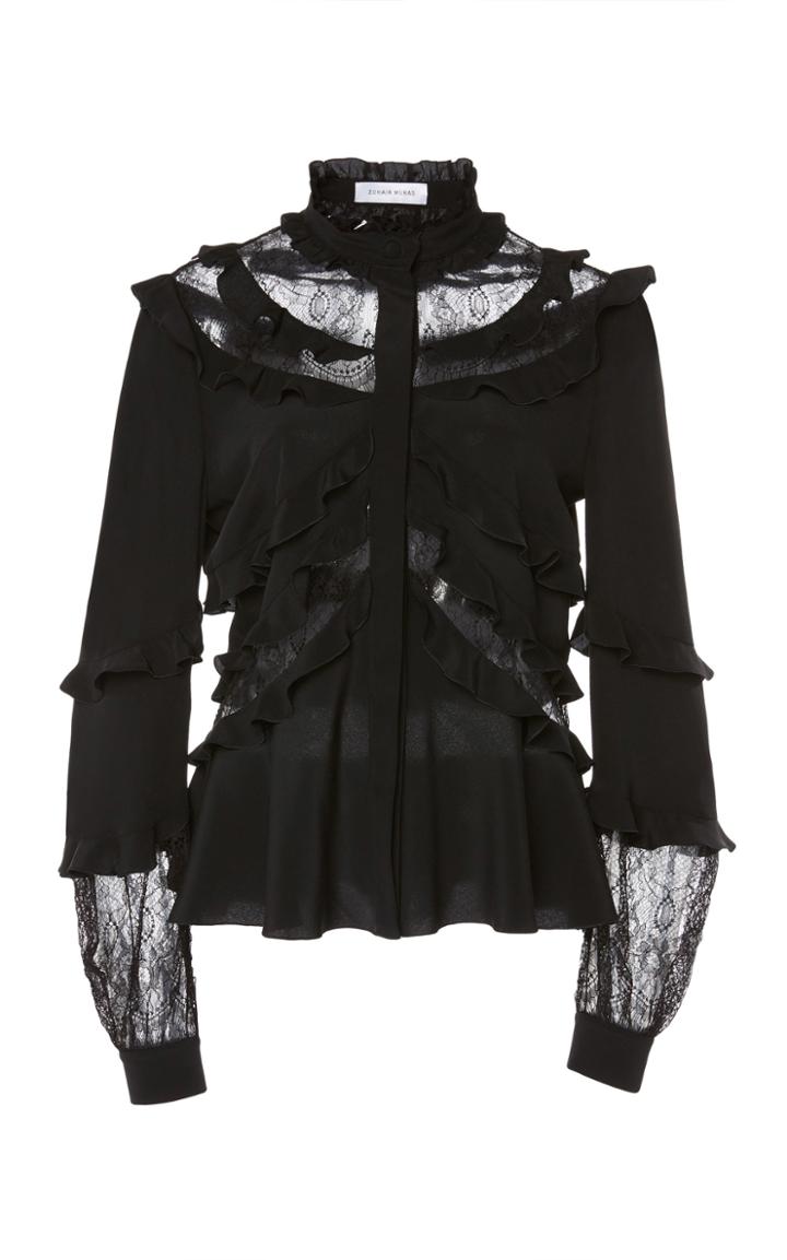 Zuhair Murad Lace Ruffle Long Sleeve Blouse