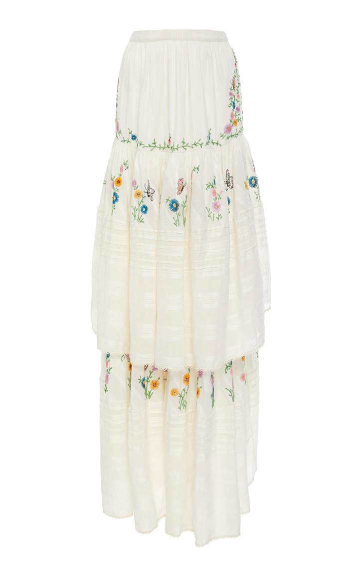 Loveshackfancy Andrea Tiered Floral-embroidered Cotton Skirt