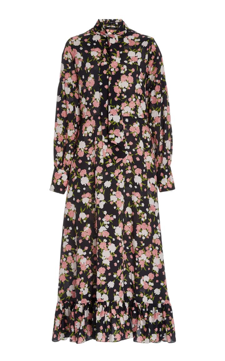 Rokh Ruffled Floral Crepe Tie-neck Midi Dress