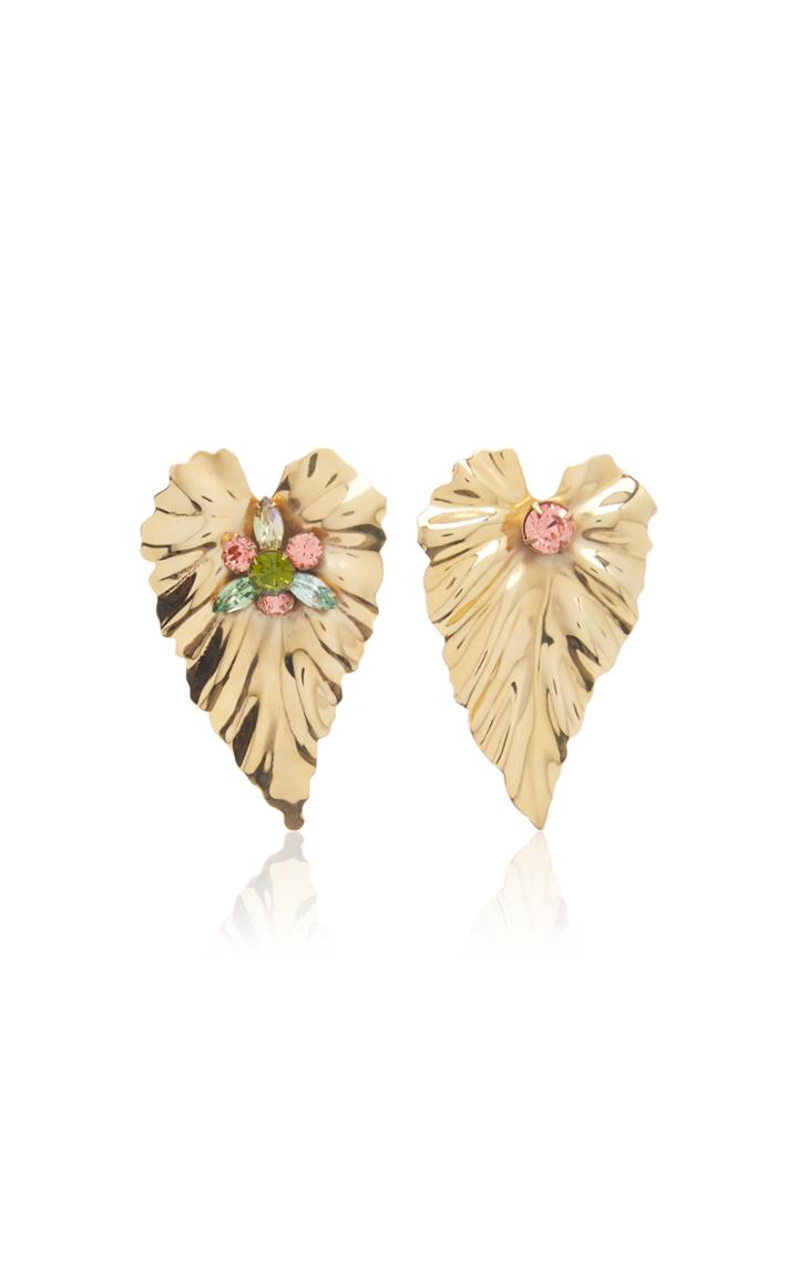 Rodarte Gold Stud Leaf Earrings With Swarovski Crystal Details