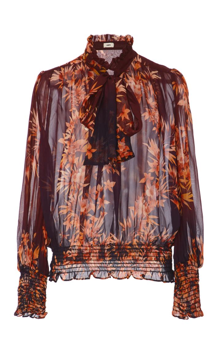 Warm Autumn Smocked Pussy-bow Chiffon Blouse