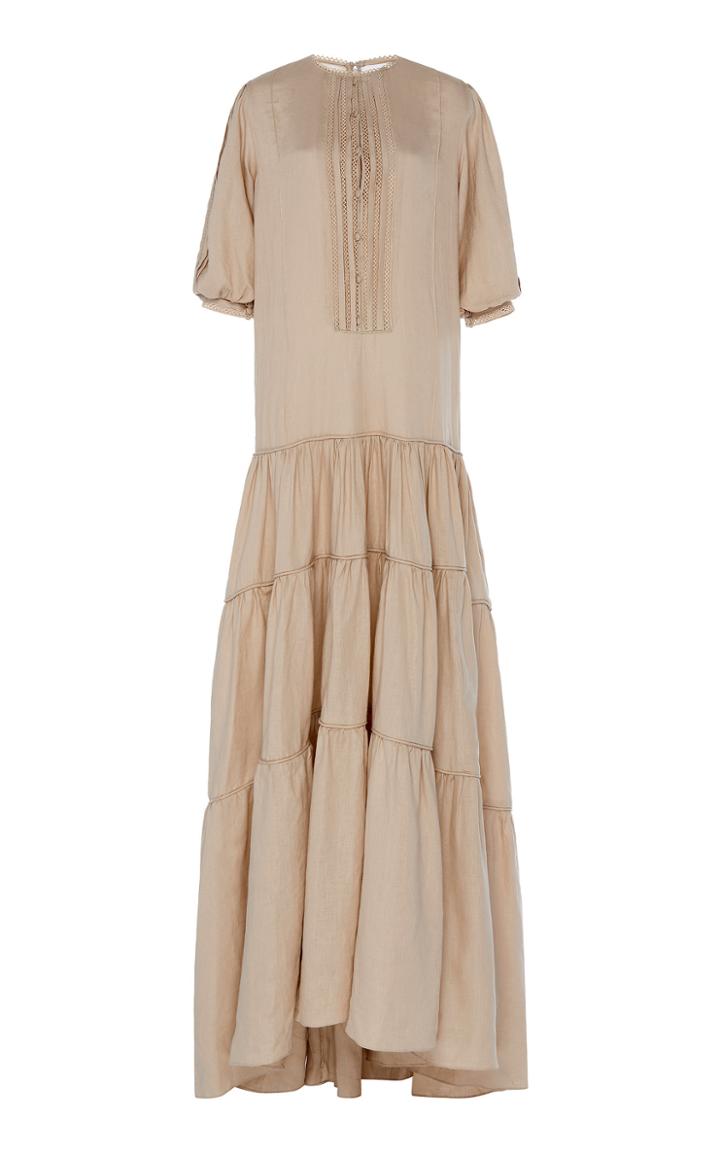 Moda Operandi Costarellos Linen Tiered Caftan Dress With Pleated Detail & Ladder Lac