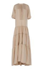 Moda Operandi Costarellos Linen Tiered Caftan Dress With Pleated Detail & Ladder Lac