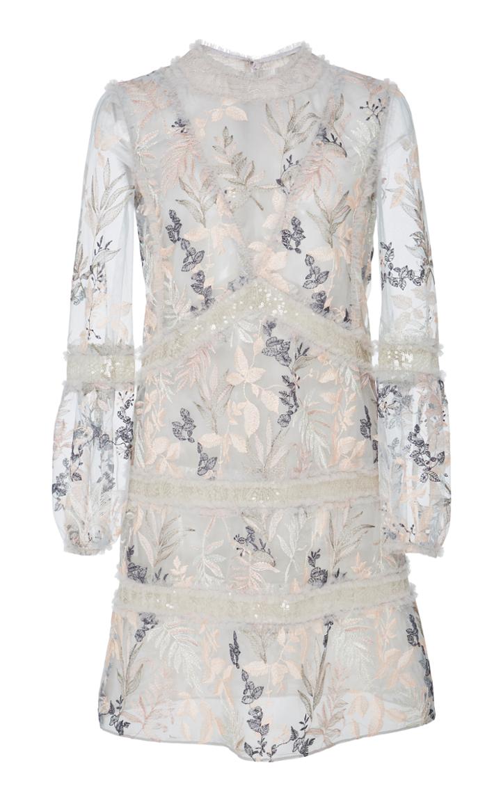 J. Mendel Embroidered Long Sleeve Cocktail Dress With Sequined Insets