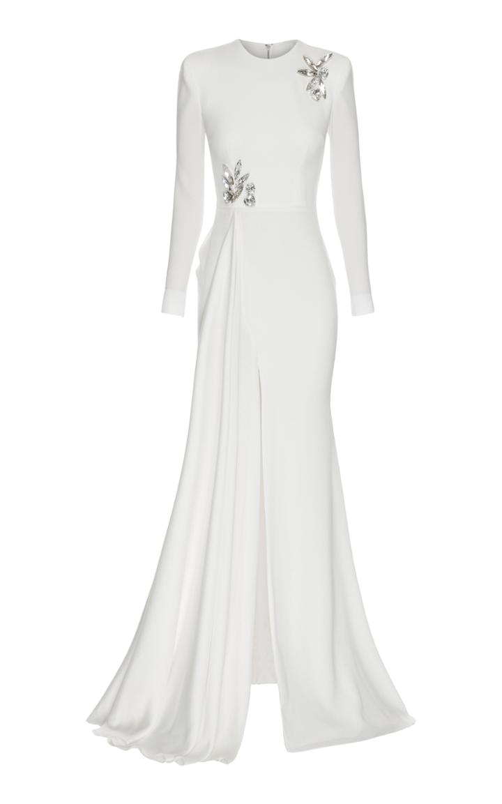 Alex Perry Lily Satin Crepe Longsleeve Drape Crystal Gown