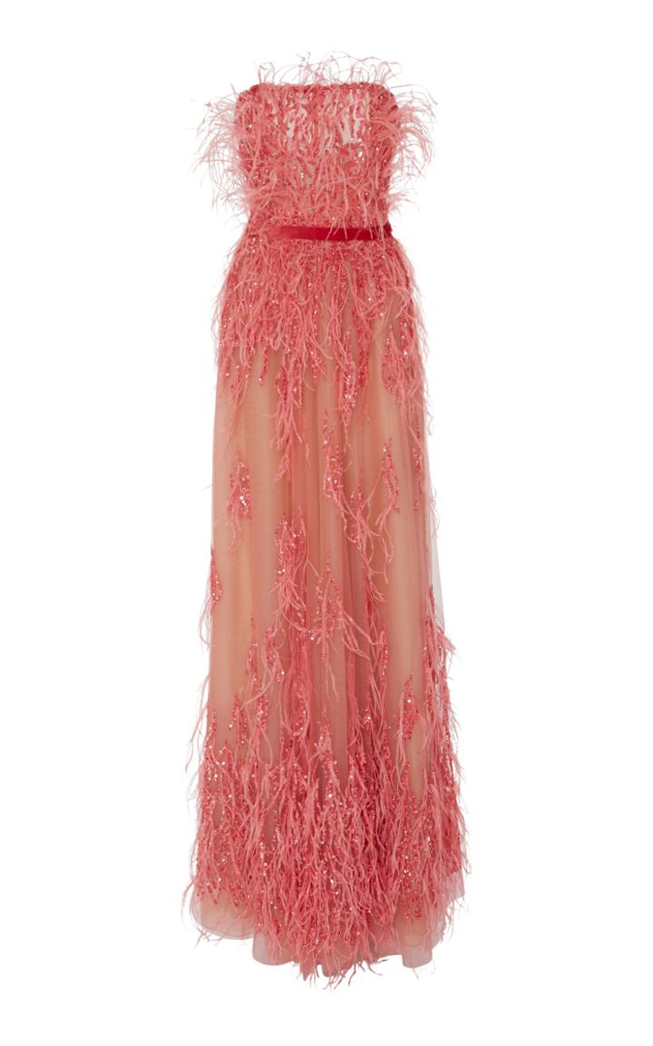 Marchesa Strapless Ostrich Feather Gown