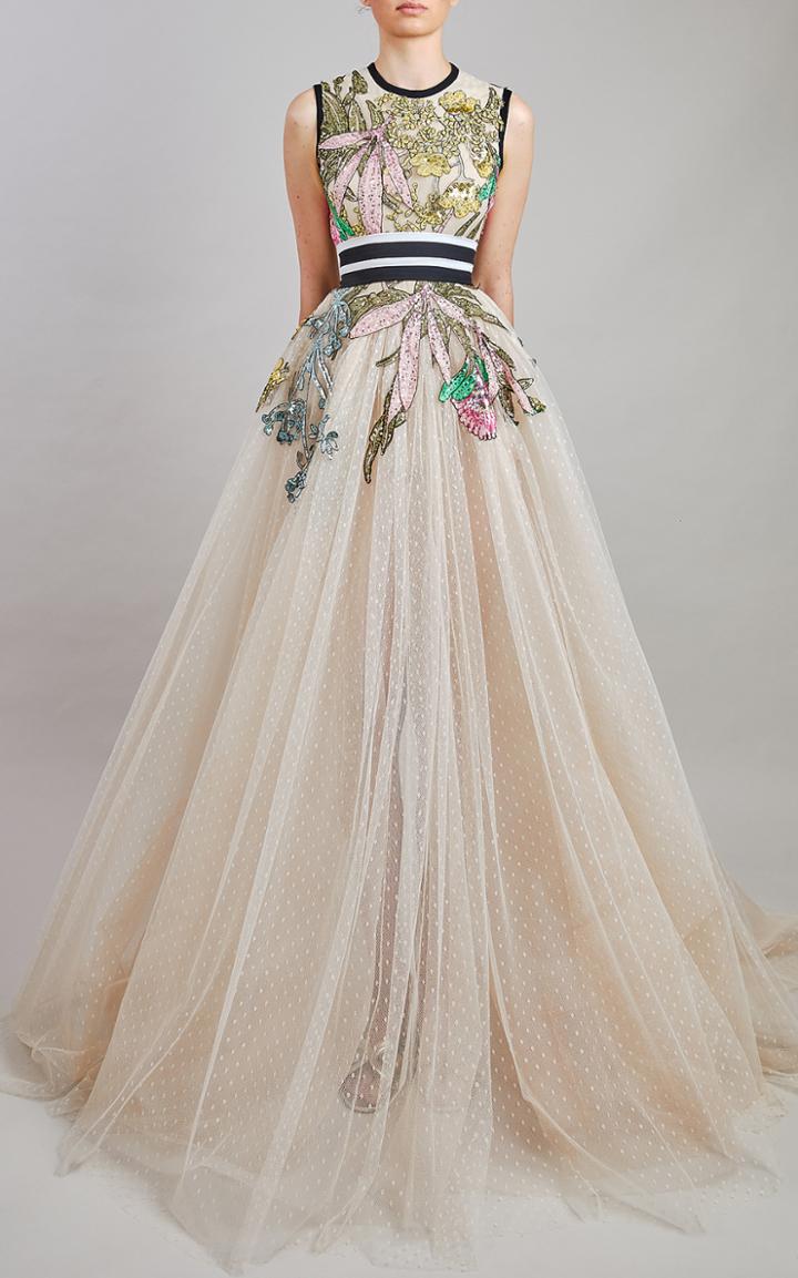 Moda Operandi Elie Saab Tulle Embroidery Long Dress