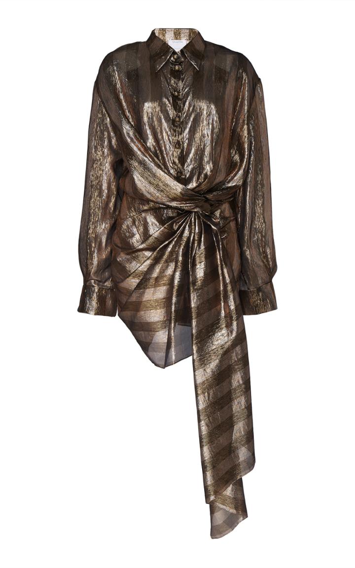 Oscar De La Renta Drape Front Metallic Mini Shirt Dress