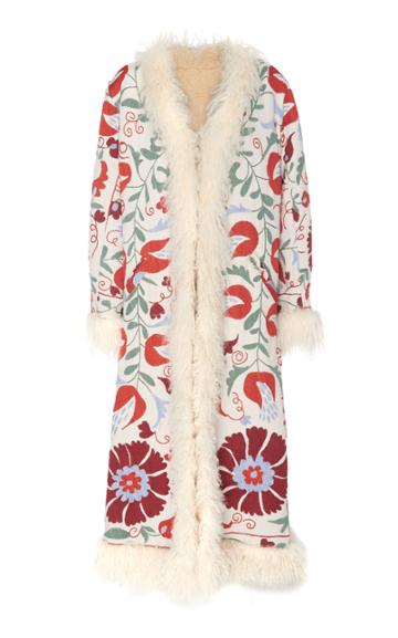 Zazi Vintage Fur Trim Suzani Vintage Midi Coat