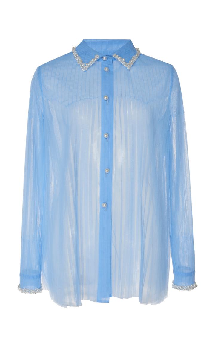Huishan Zhang Mariella Pleated Pearl Embellished Tulle Top