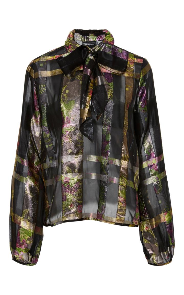 Cynthia Rowley Metallic Plaid Bow Blouse