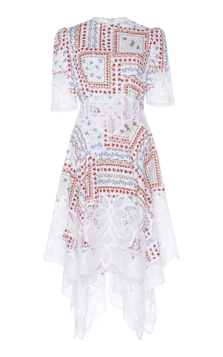 Moda Operandi Costarellos Printed Cotton Handkerchief Dress With Floral-cut Lace Siz