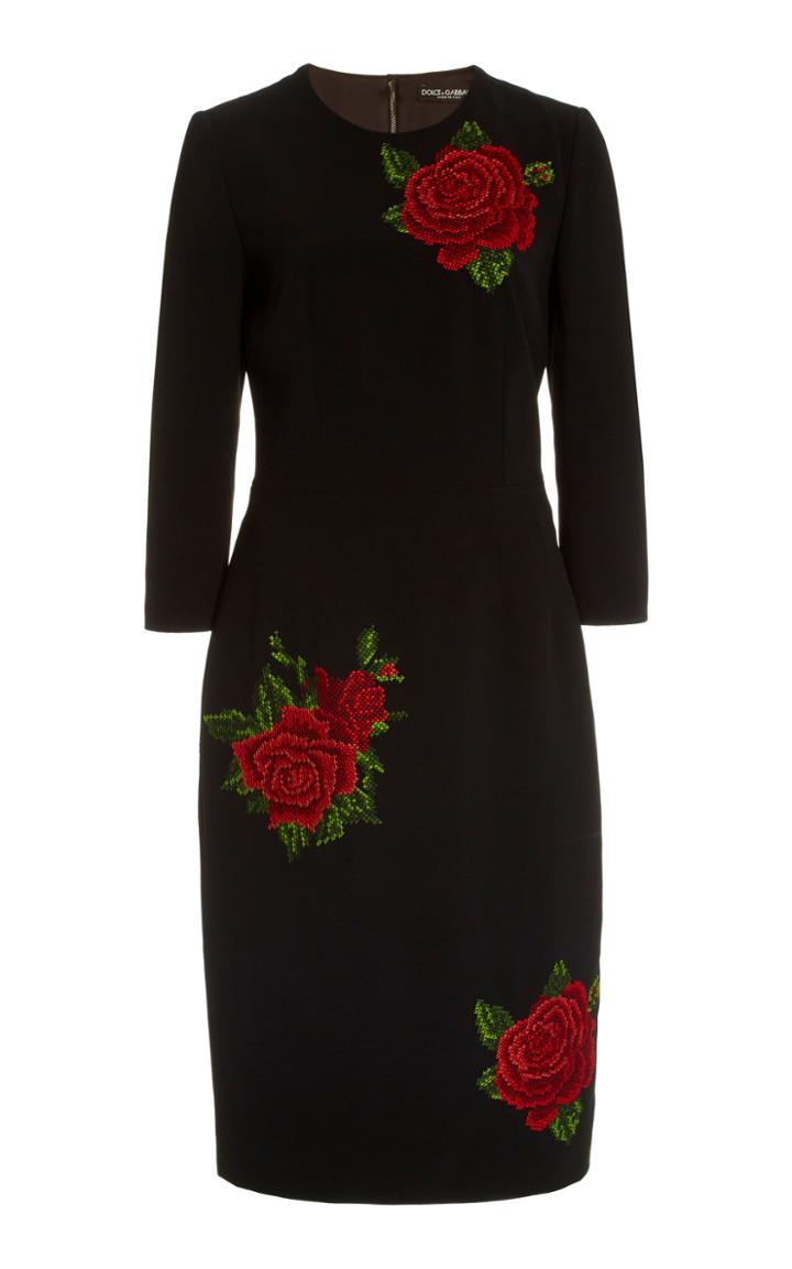 Dolce & Gabbana Rose-embroidered Crepe Midi Sheath Dress