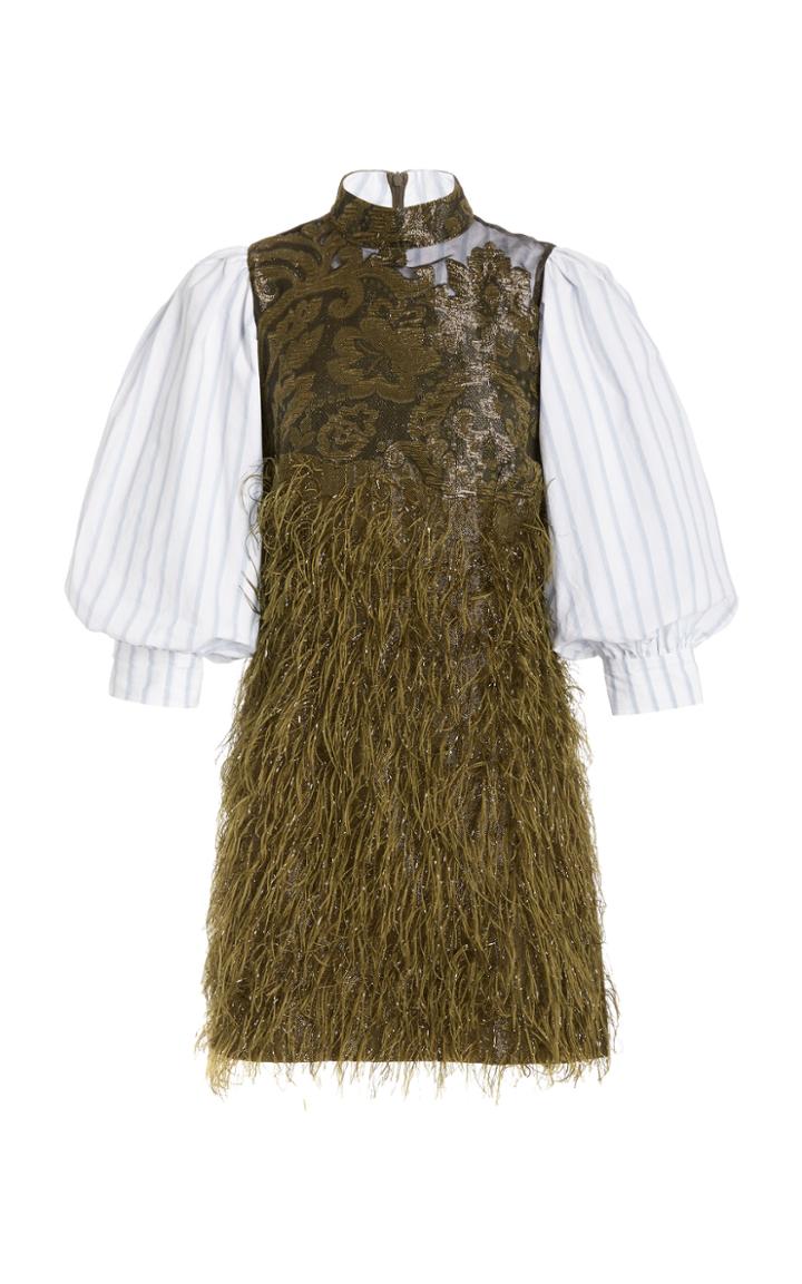 Ganni Feather-embellished Jacquard-paneled Cotton-poplin Mini Dress