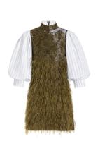 Ganni Feather-embellished Jacquard-paneled Cotton-poplin Mini Dress
