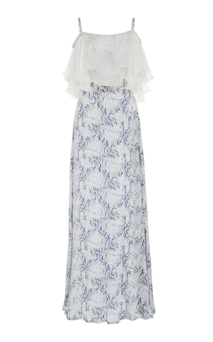 Roopa J Zh To Printed Silk Ruffle Maxi Gown