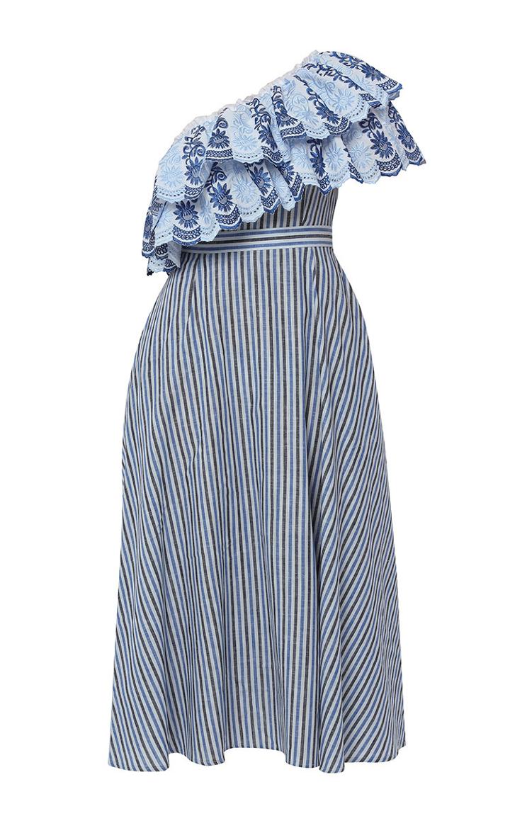 Gl Hrgel Floral Embroidered One Shoulder Striped Dress