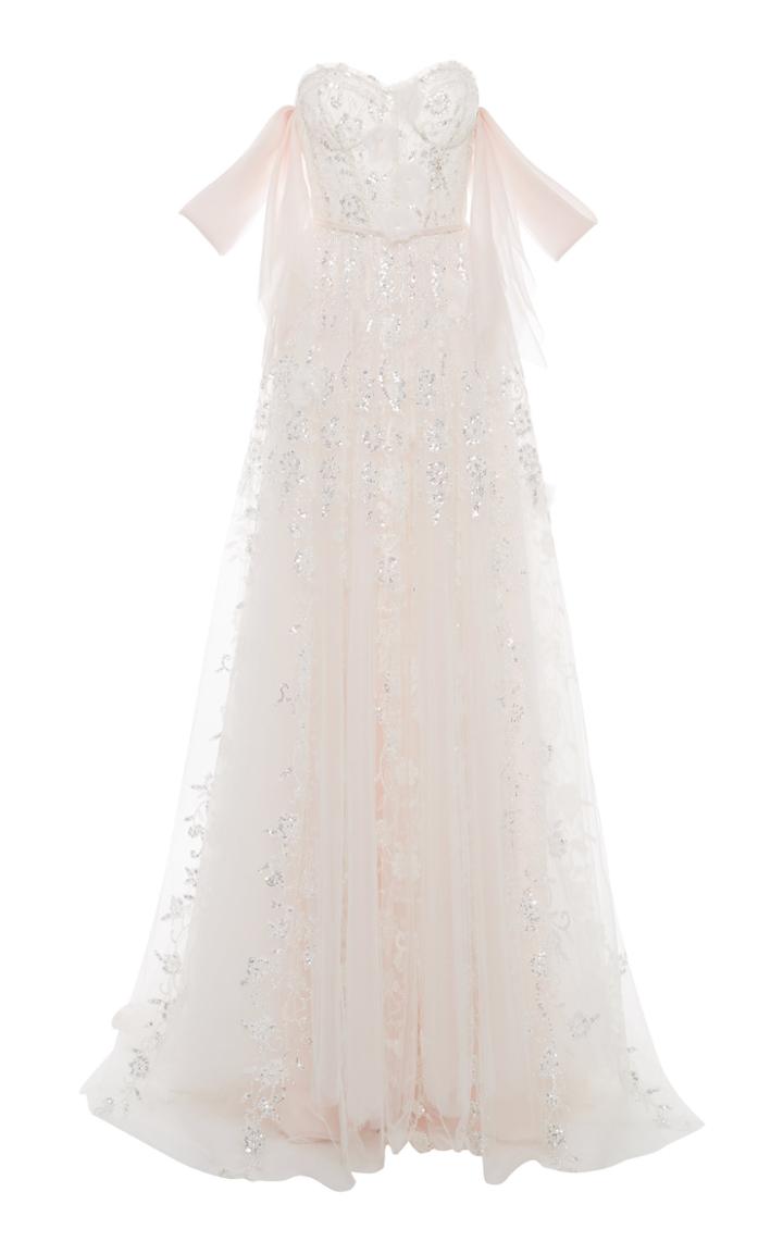 Mira Zwillinger M'o Exclusive Sky Strapless Floral-appliqud Tulle Gown