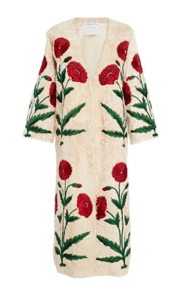 Oscar De La Renta Ecru Dyed Lamb V-neck Coat With Poppy Thread Embroidery