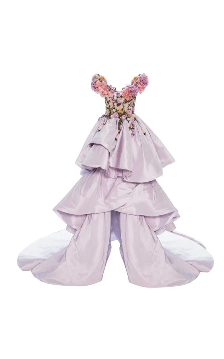 Marchesa Floral Embroidered Tiered Ball Gown