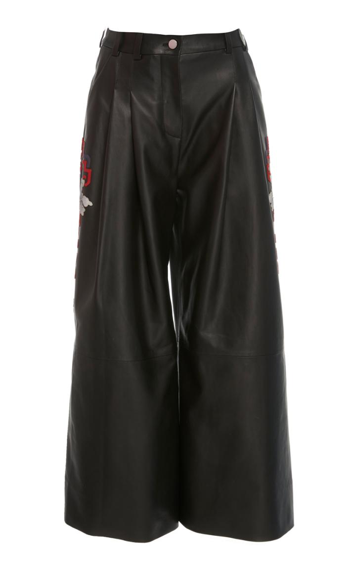 Zuhair Murad Lotus Embroidered Cropped Leather Trousers