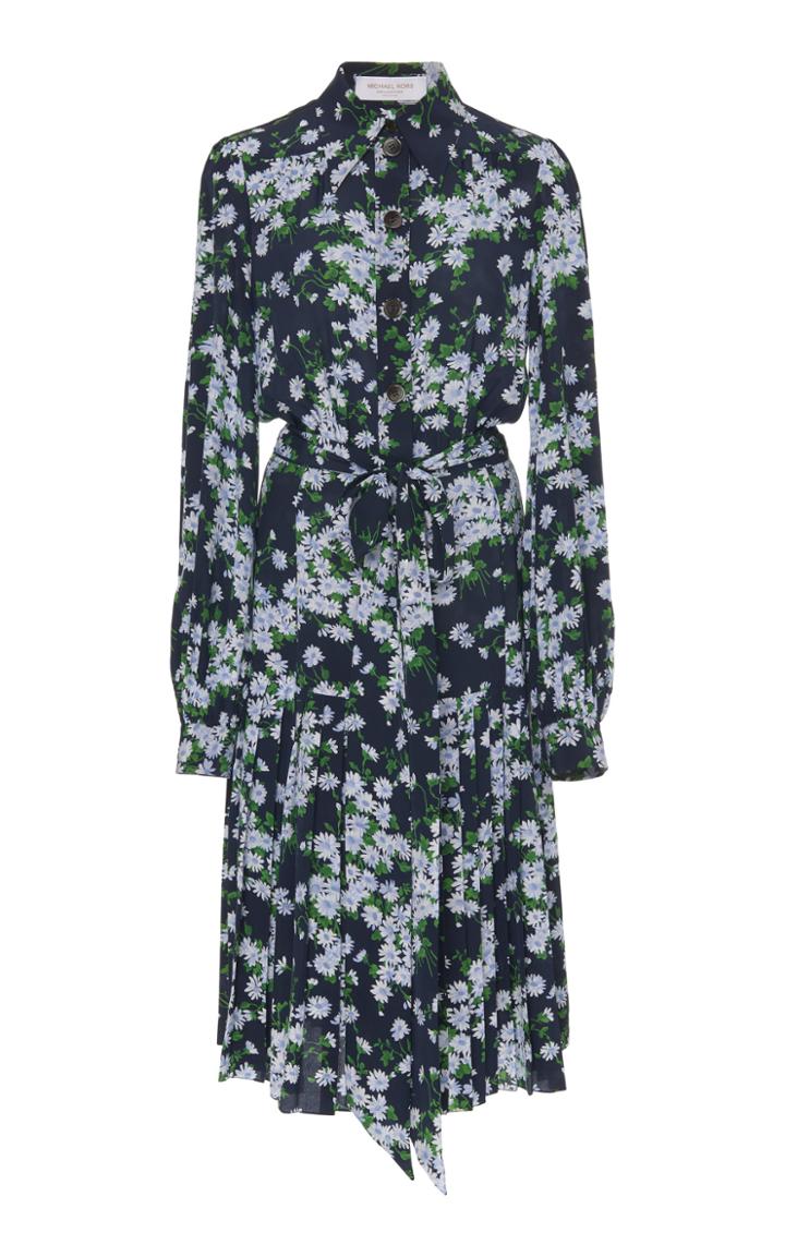 Michael Kors Collection Floral Crepe De Chine Pleated Shirt Dress