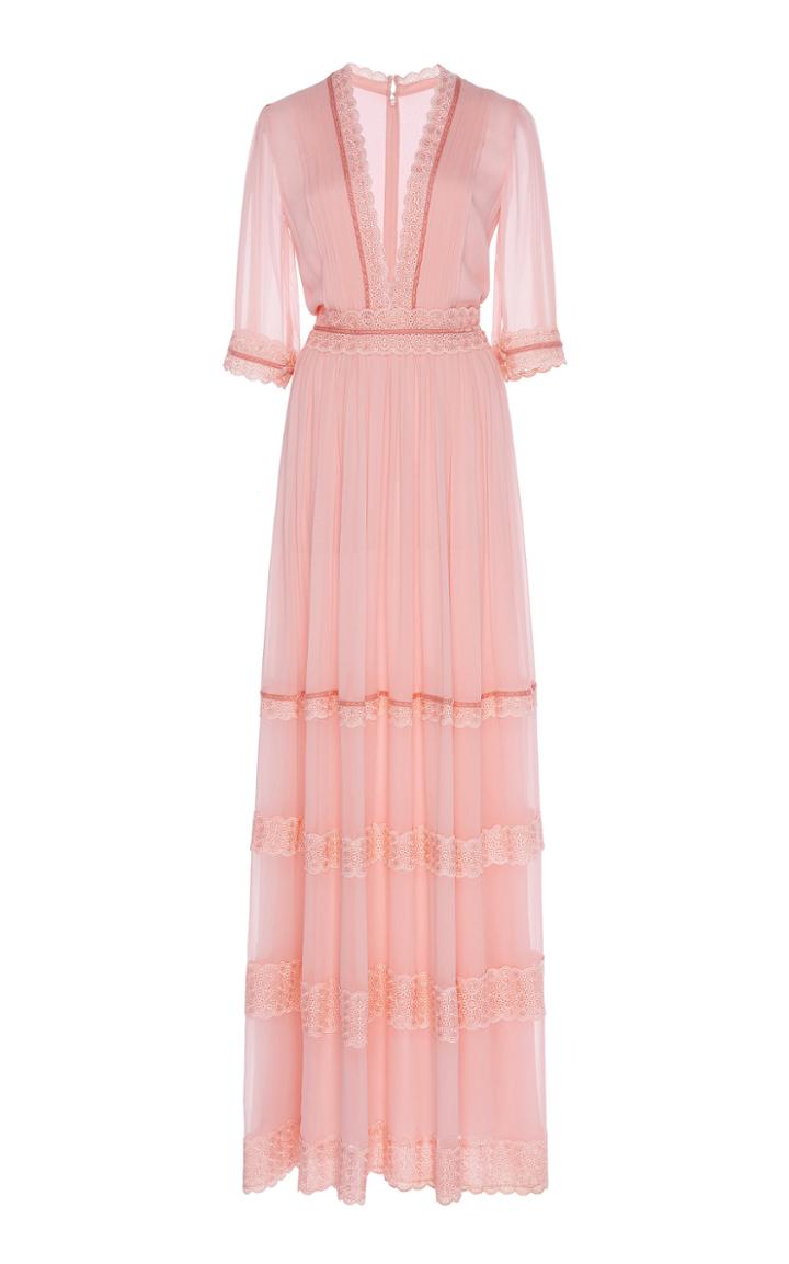 Moda Operandi Costarellos Silk Chiffon Plunging Neckline Dress With Velvet & Embroid