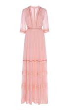 Moda Operandi Costarellos Silk Chiffon Plunging Neckline Dress With Velvet & Embroid