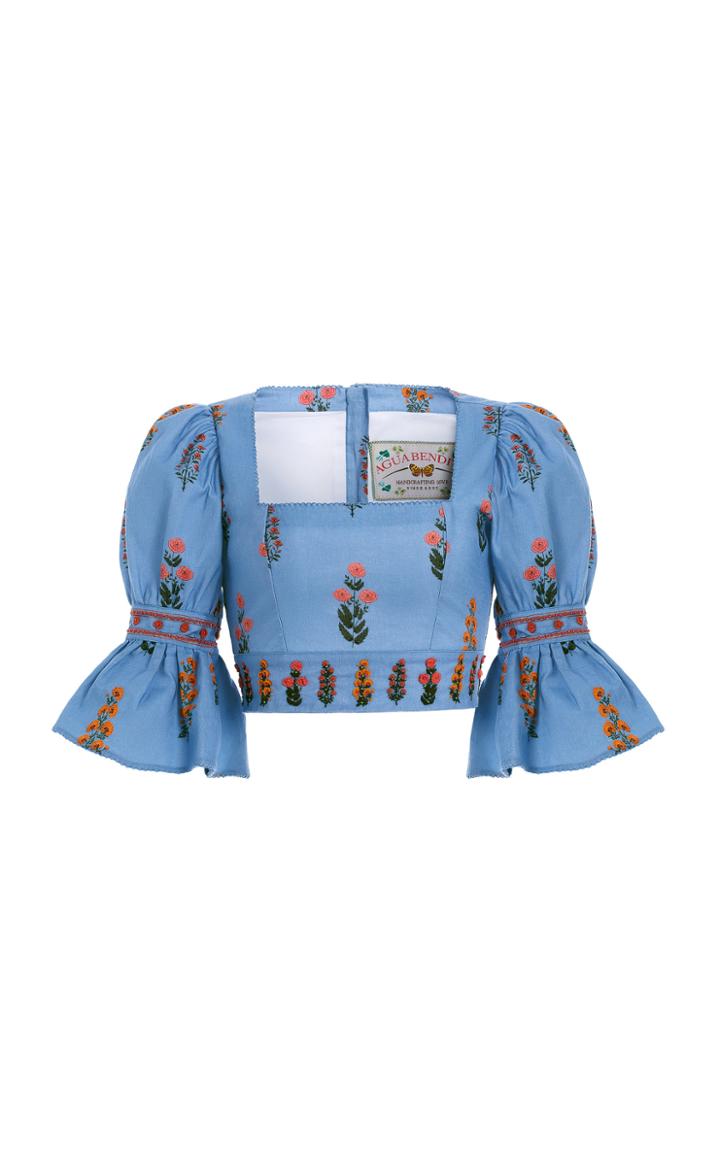 Moda Operandi Agua By Agua Bendita Violeta Dahlia-hand Embroidered Detail Linen Crop