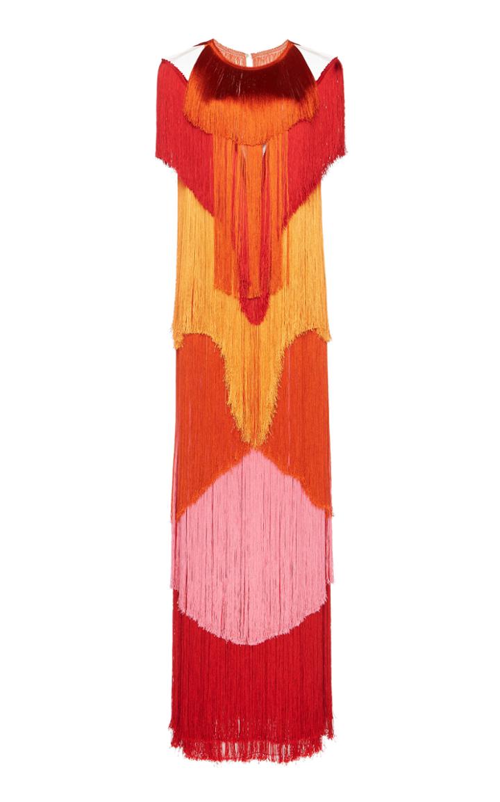 Alberta Ferretti Shaded Chiffon Fringe Cold Shoulder Dress