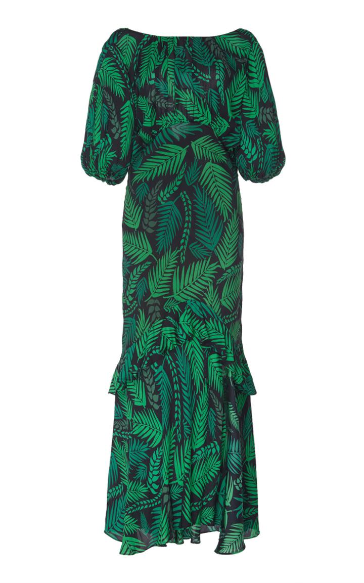 Rixo Cheryl Ruffled-hem Palm Tree-print Silk Maxi Dress