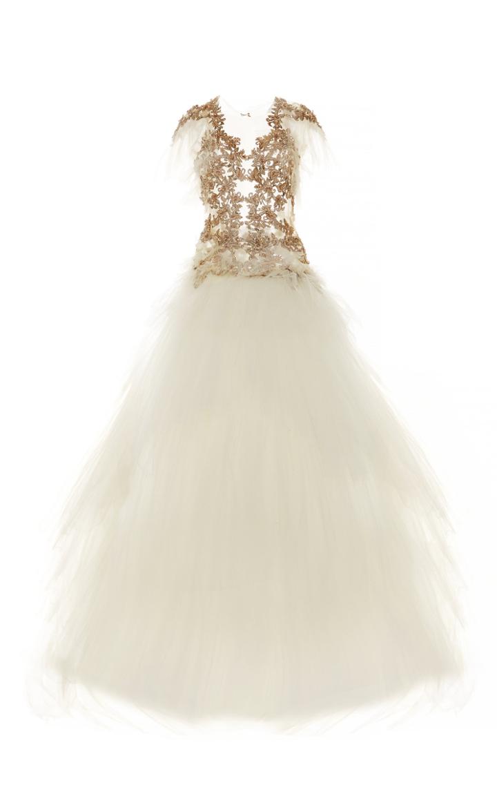 Pamella Roland Metallic Threadwork Embroidered Tulle Ballgown