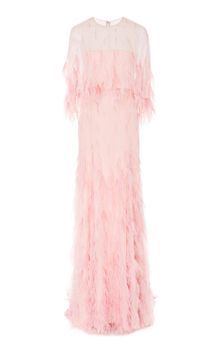 Monique Lhuillier Ostrich-trimmed Sequined Silk Gown