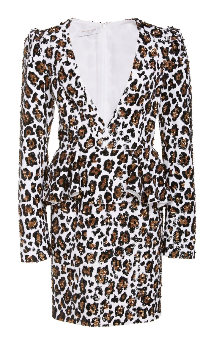 Michael Kors Collection Leopard-print Embellished Crepe Peplum Dress