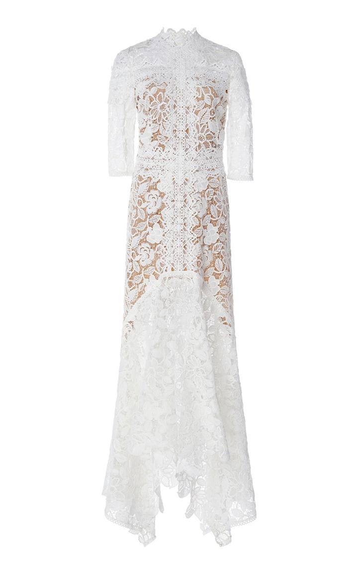 Costarellos Mock-neck Guipure Lace Handkerchief Dress