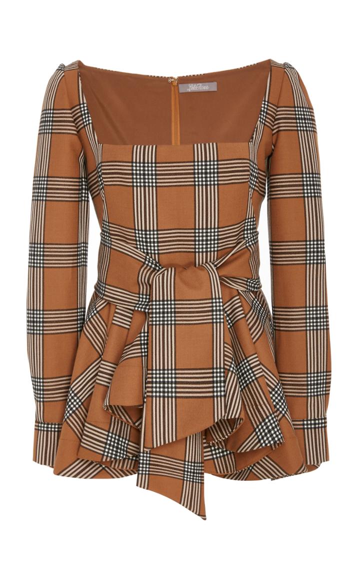 Lela Rose Tie-detailed Ruffled Plaid Wool-blend Top