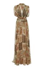 Oscar De La Renta Gathered Floral Print Silk Chiffon Gown