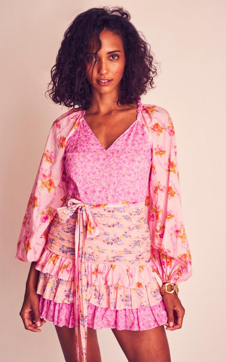 Moda Operandi Loveshackfancy Rina Ruched Patchwork Cotton Mini Dress