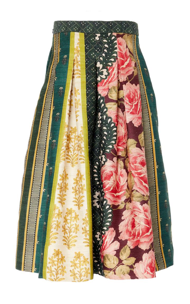 Oscar De La Renta Pleated Floral-paneled Silk-blend Midi Skirt