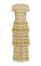 Monique Lhuillier Mirage Lace S/s Tiered Tea Length Dress