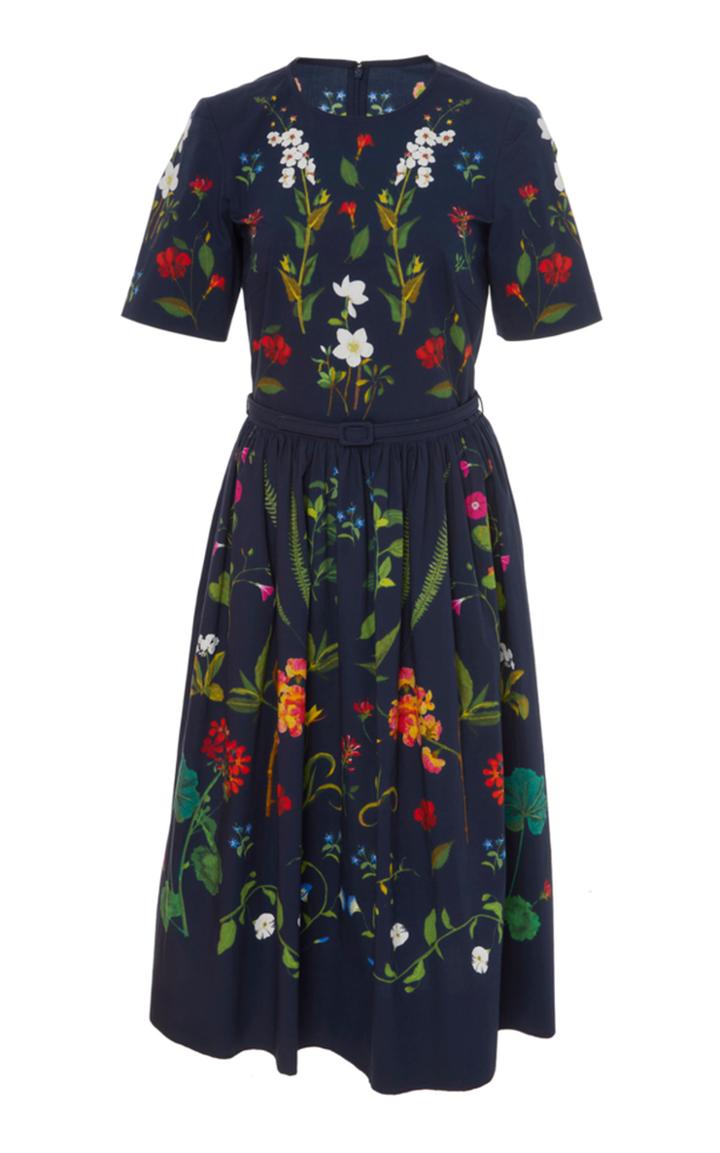 Oscar De La Renta Floral Embroidered Stretch-cotton Midi Dress