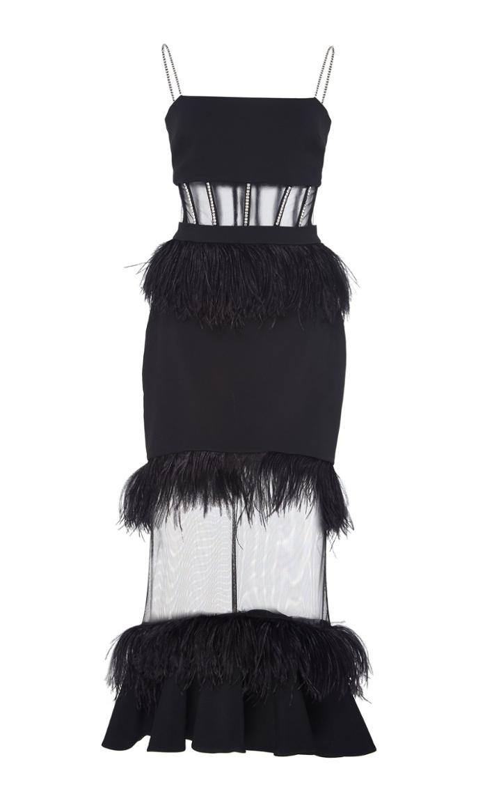 David Koma Corset Crystal And Feather Tiered Midi Dress