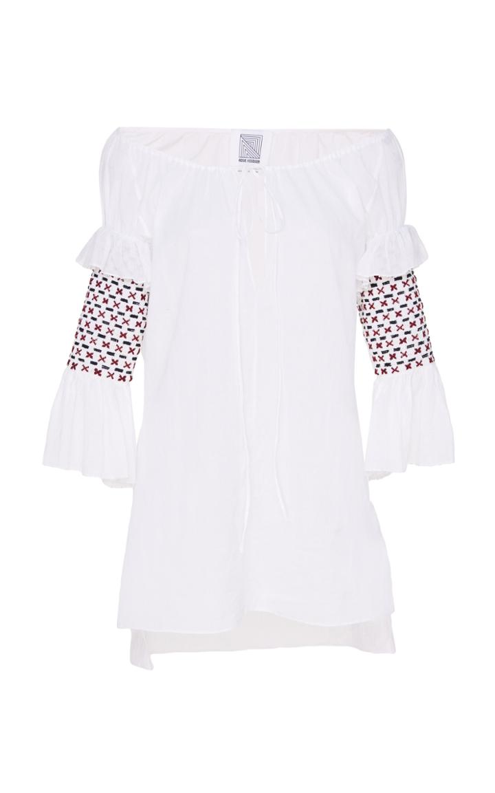 Rosie Assoulin Swarovski Smocked Sleeves Drawstring Top