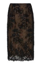 Marchesa Ostrich Feather-embroidered Lace Pencil Skirt