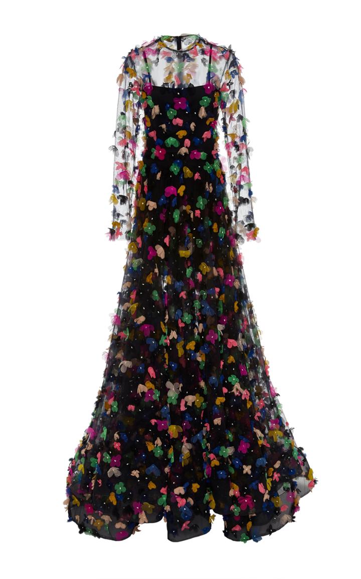 Christian Siriano Black Sheer Floral Applique Gown