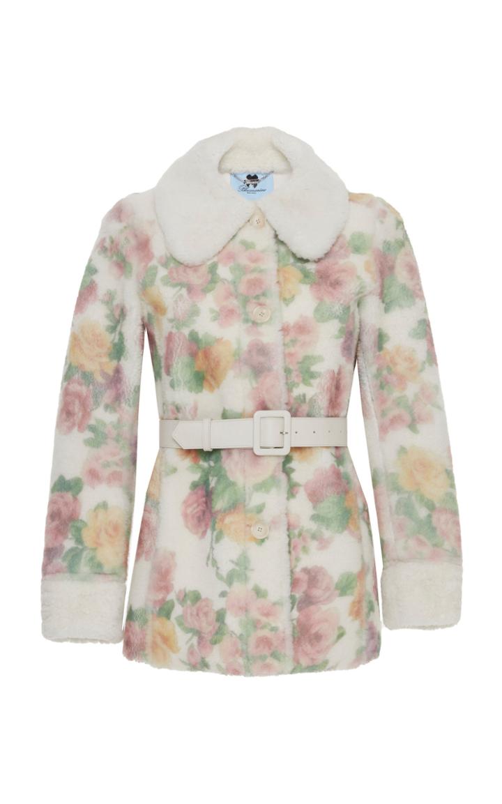 Blumarine Floral Print Mutton Fur Jacket